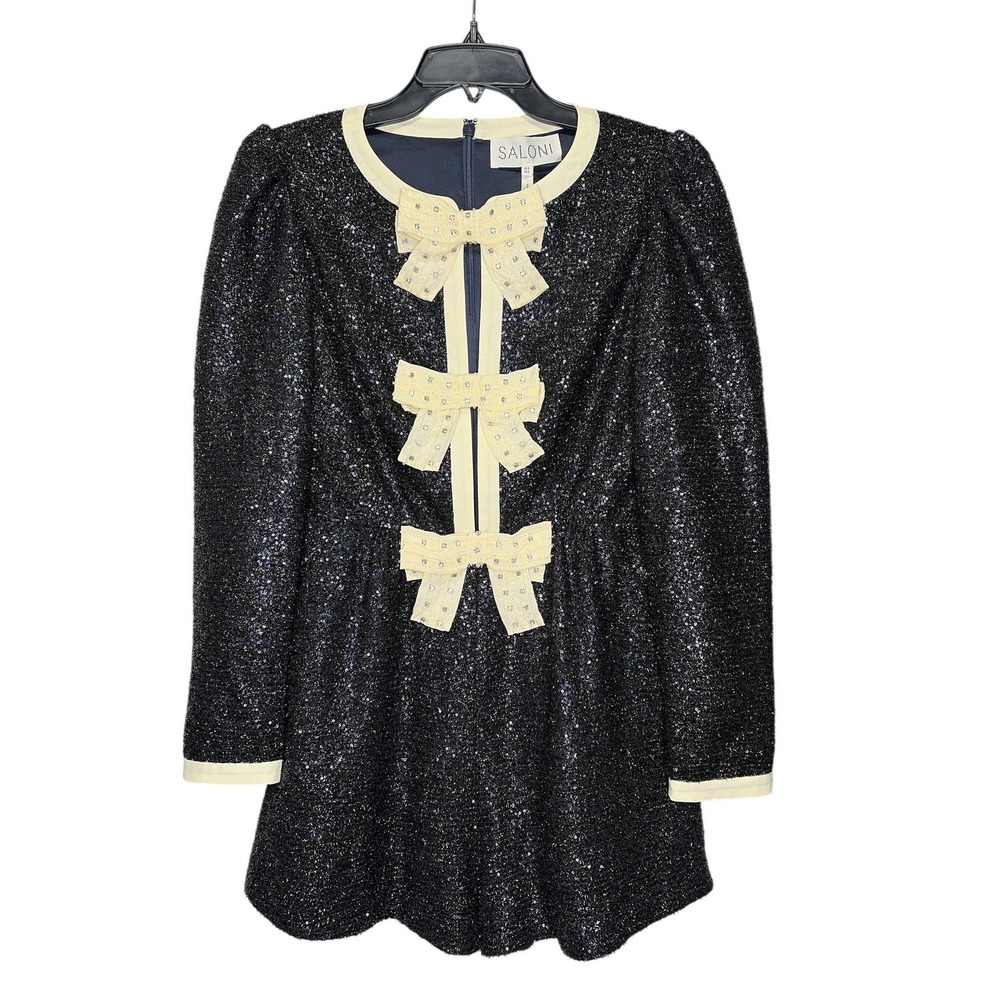 Saloni Sequin Camille B Bow Crystal Embellished Silk Trim Romper Cocktail NWT - Picture 8 of 12